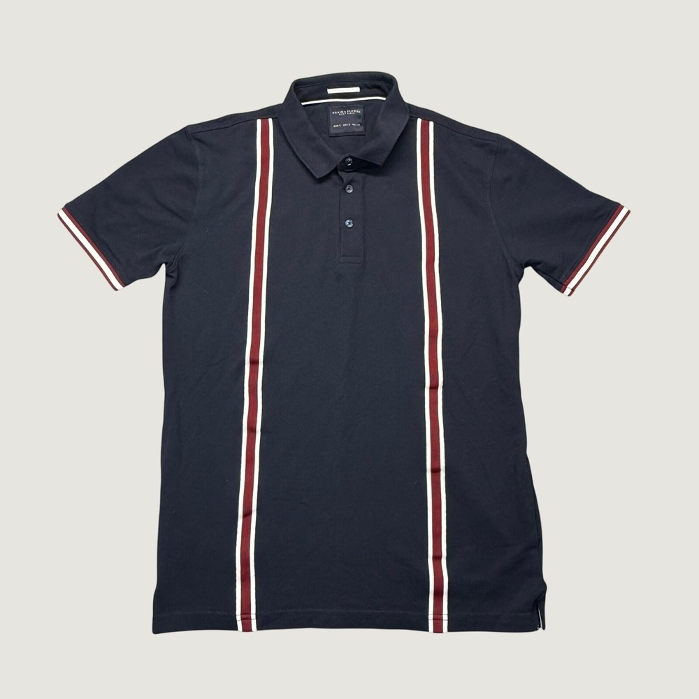 Mens SM Polo Shirt Old Money Retro Y2K Navy Blue Red White Vertical Stripe Pique